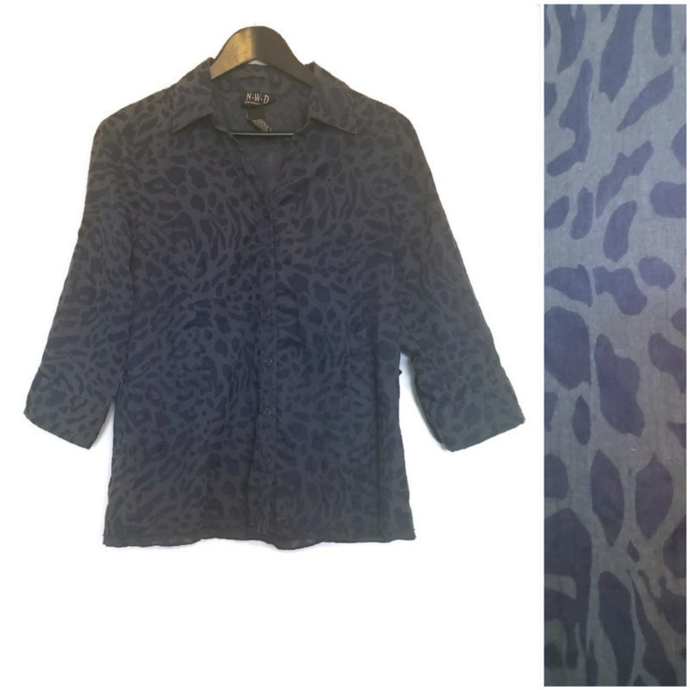 N.W.D women's blue burnout leopard print button front shirt